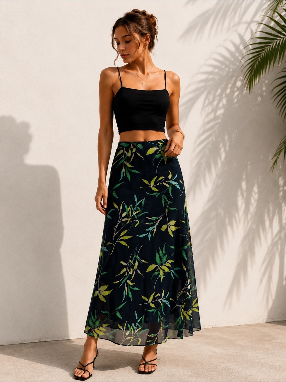 VTG 90s Catalyst NY Mesh Maxi Skirt Leaf Print Size 4 Dark Navy Green Sheer Y2K
